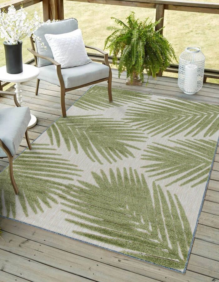 Flycarpets Lilah Buitenkleed Bladeren Groen Binnen & Buiten Vloerkleed Laagpolig Tuintapijt Buitentapijt 80x150 cm
