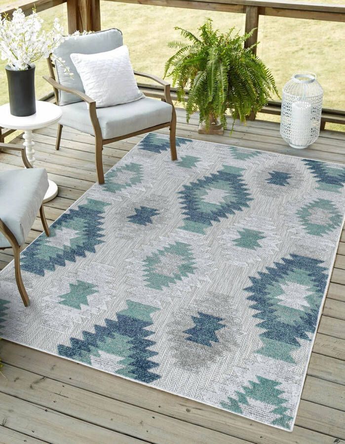 Flycarpets Lilah Blauw Grijs Groen Buitenkleed Binnen & Buiten Vloerkleed Laagpolig Tuintapijt Buitentapijt 80x250 cm