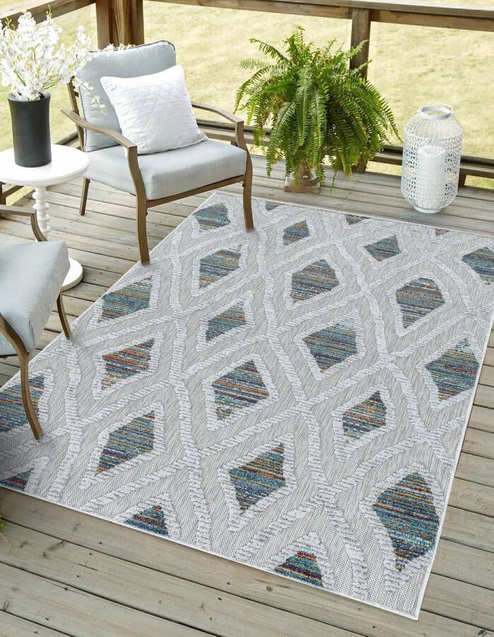 Flycarpets Lilah Buitenkleed Grijs Kleurrijk Binnen & Buiten Vloerkleed Laagpolig Tuintapijt Buitentapijt 80x250 cm