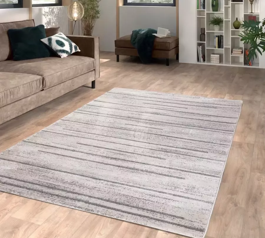 Flycarpets Lima Grijs Beige Vloerkleed Gestreept Laagpolig Modern Design Woonkamer 120x170 cm