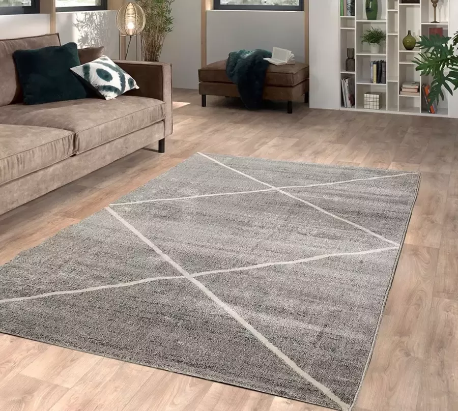 Flycarpets Lima Vloerkleed 120x170 cm Grijs Polypropyleen Voor binnen Geruit Design Rechthoek Modern Woonkamer Laagpolig