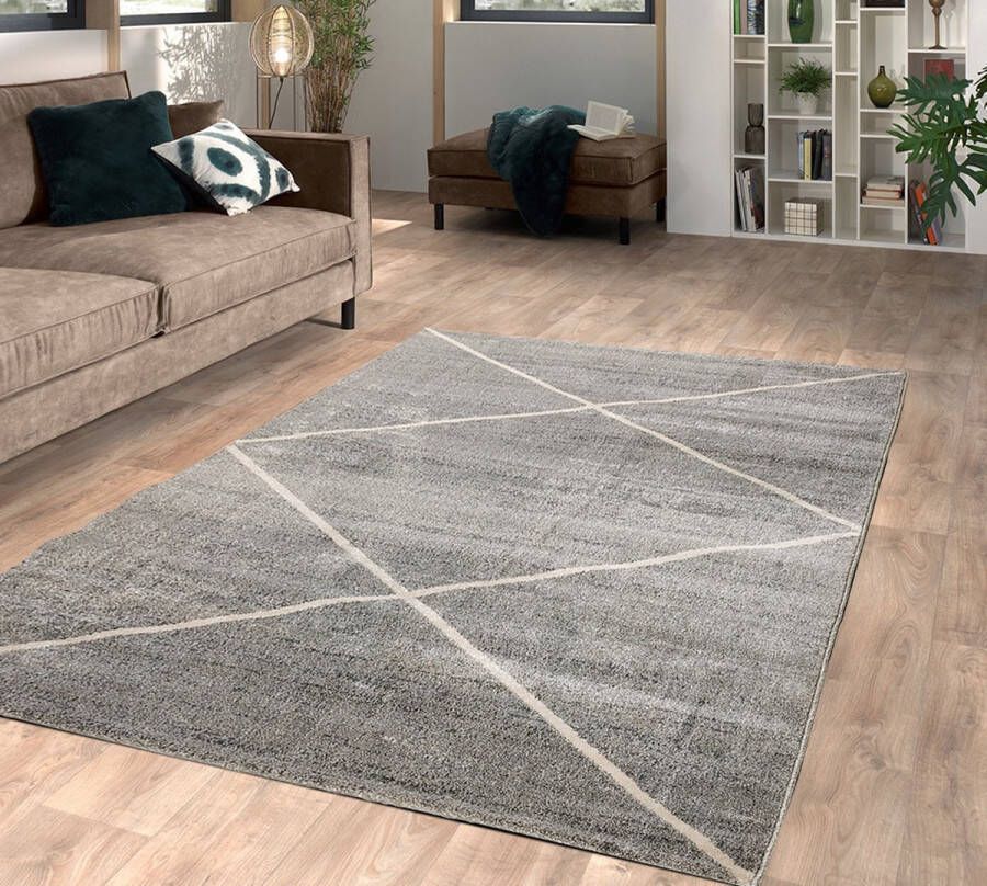 flycarpets Lima Vloerkleed 160x230 cm Grijs Polypropyleen Voor binnen Geruit Design Rechthoek Modern Woonkamer Laagpolig