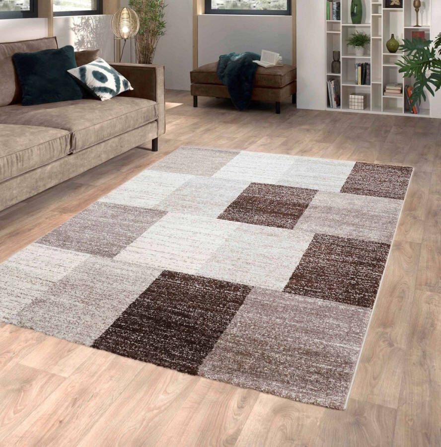 Flycarpets Lima Vloerkleed Bruin Beige Polypropyleen Voor binnen Rechthoek Modern Woonkamer Geblokt Patroon Laagpolig 120x170 cm