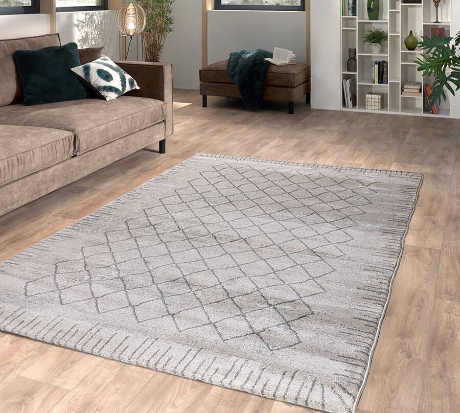 flycarpets Lima Vloerkleed Grijs Beige Polypropyleen Voor binnen Geruit Patroon Rechthoek Modern Woonkamer Laagpolig 160x230 cm