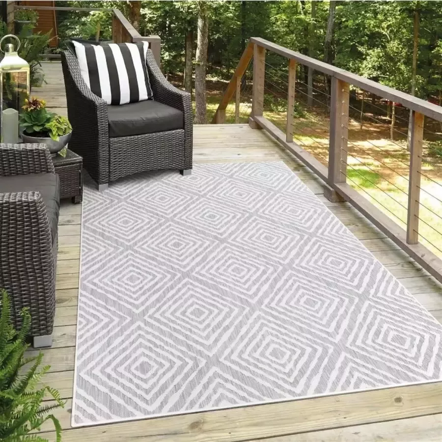 Flycarpets Lora Buitenkleed Voor Binnen & Buiten Vloerkleed Grijs Geruit 200 cm Vierkant - Foto 2