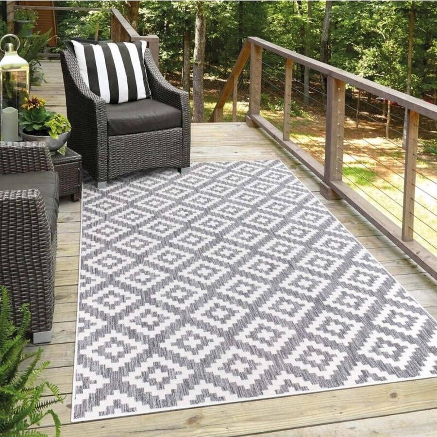 Flycarpets Lora Buitenkleed Geruit Voor Binnen & Buiten Vloerkleed Grijs 100x200 cm