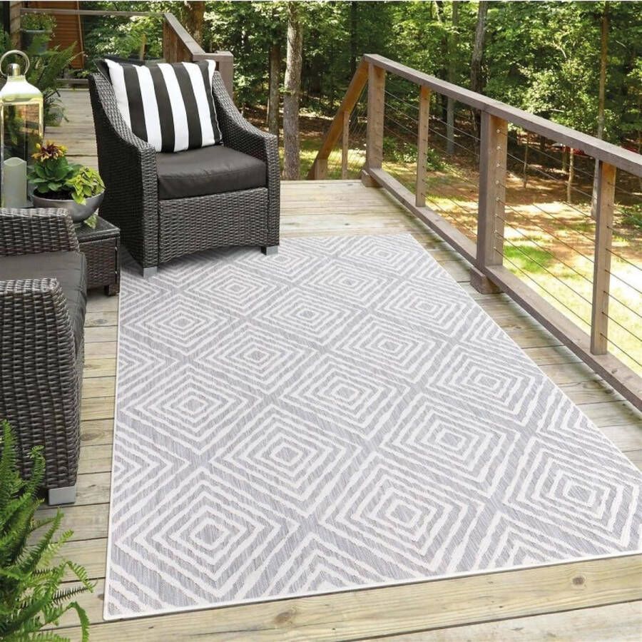 Flycarpets Lora Buitenkleed Geruit Voor Binnen & Buiten Vloerkleed Grijs 100x200 cm