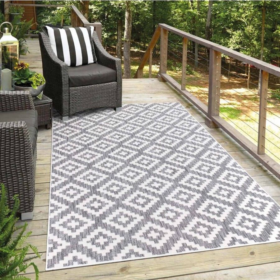 Flycarpets Lora Buitenkleed Geruit Voor Binnen & Buiten Vloerkleed Grijs 160x230 cm