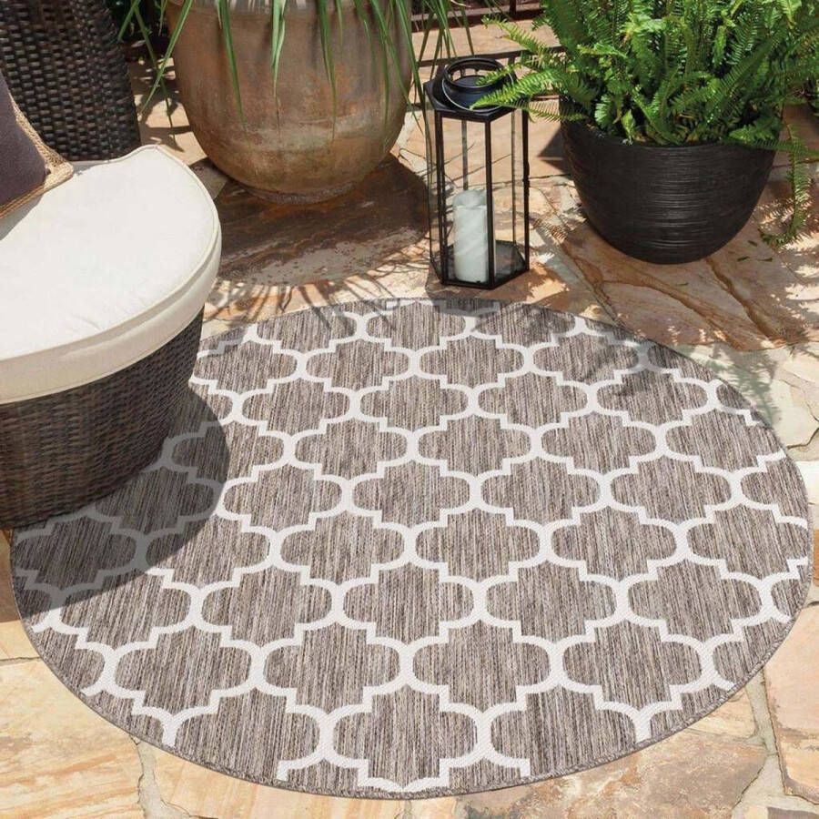 Flycarpets Lora Buitenkleed Voor Binnen & Buiten Vloerkleed Beige Barok Design 160 cm Rond