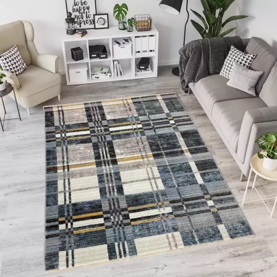 Flycarpets LORENZO VINTAGE GRIJS BLAUW VLOERKLEED GEBLOKT