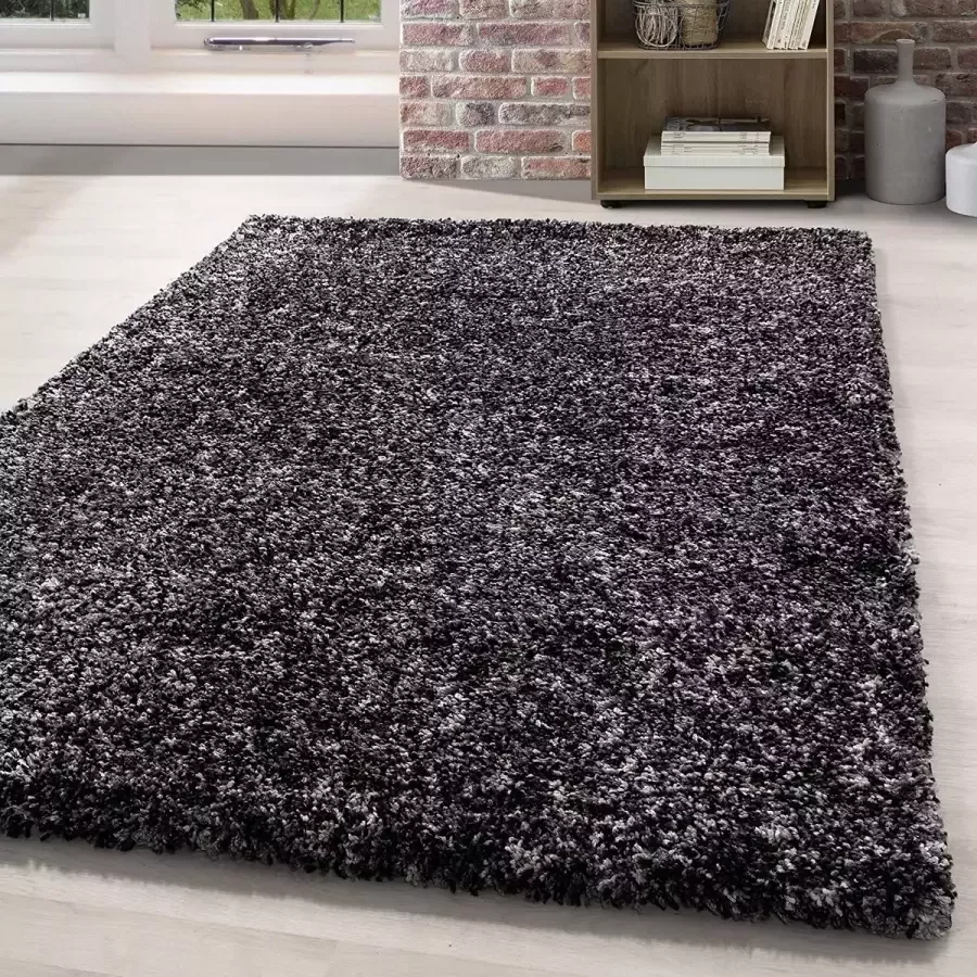 Flycarpets Lorium Vloerkleed 80x300 cm Antraciet Wit Grijs Hoogpolig Loper Tapijt