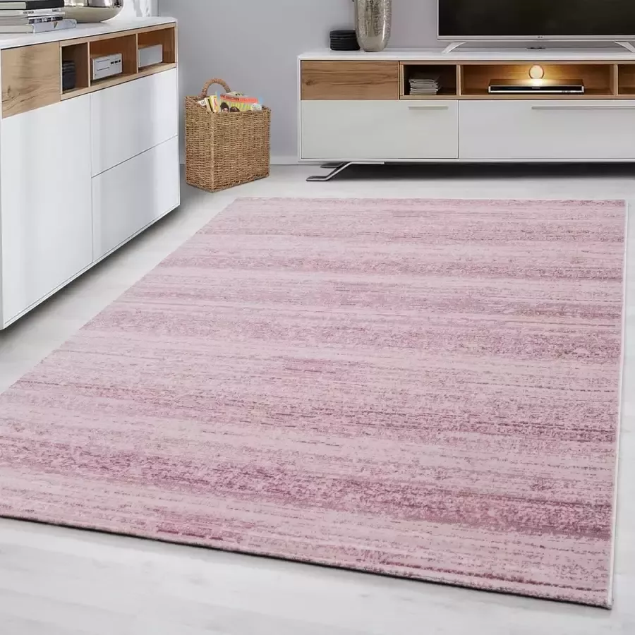 Flycarpets Marlon Vloerkleed Effen Gestreept Roze Laagpolig 80x300 cm