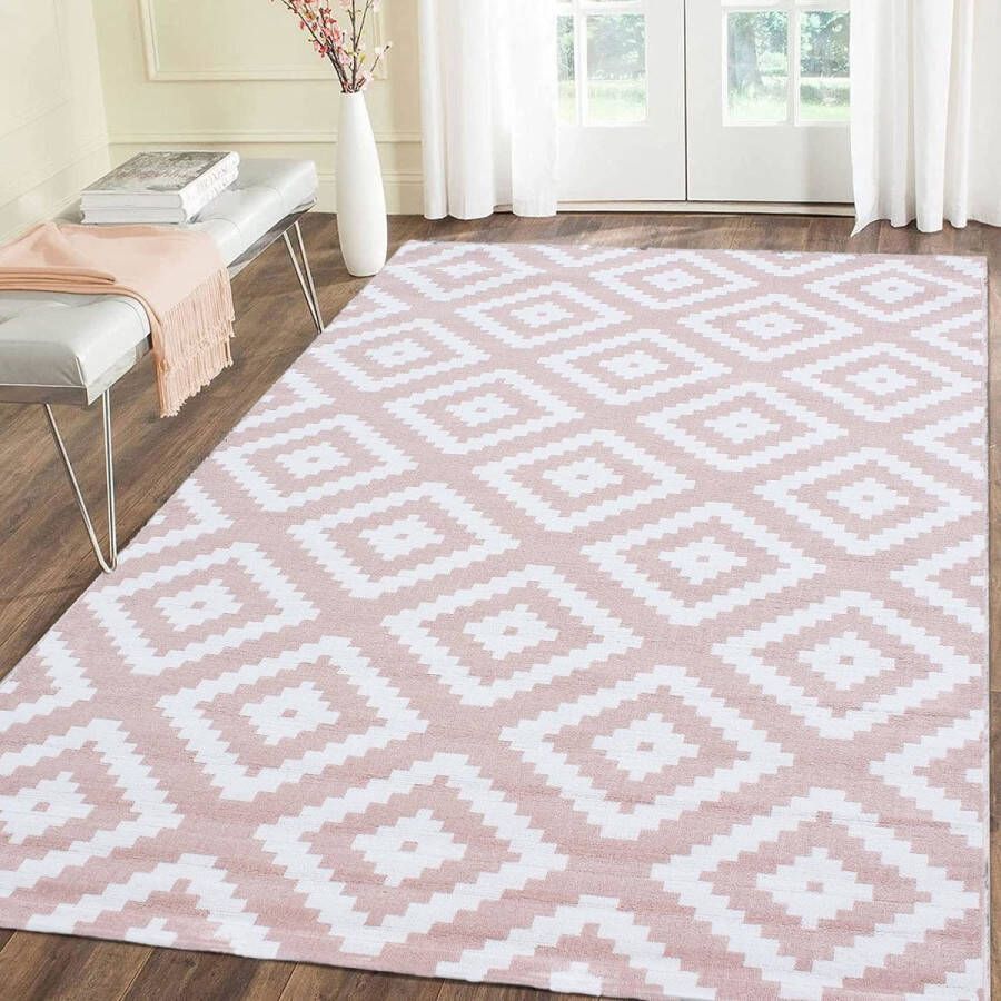 Flycarpets Marlon Vloerkleed Boho Laagpolig Roze Wit 160x230 cm