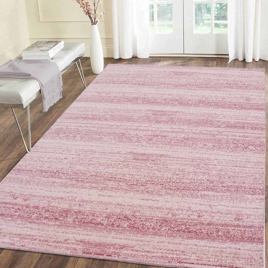 Flycarpets Marlon Vloerkleed Effen Gestreept Roze Laagpolig 240x340 cm