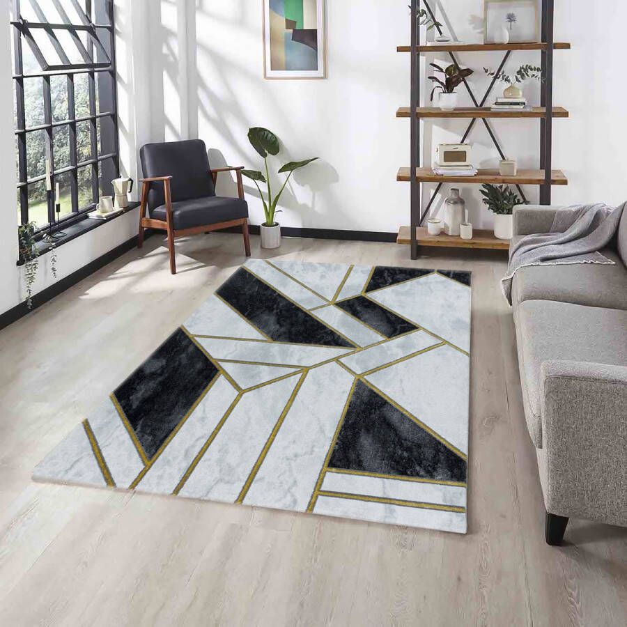 Flycarpets Mirage Marmer Vloerkleed Grijs Goud Zwart Laagpolig 120x170 cm