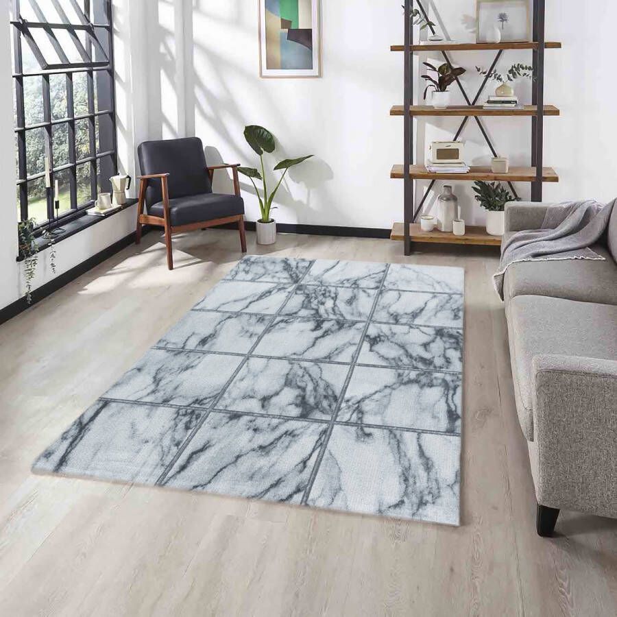 Flycarpets Mirage Marmer Vloerkleed Grijs Zilver Laagpolig 140x200 cm - Foto 2