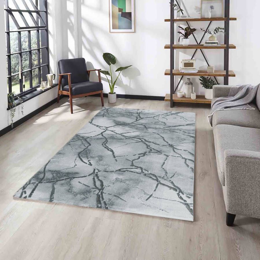 Flycarpets Mirage Marmer Vloerkleed Grijs Zilver Laagpolig 160x230 cm