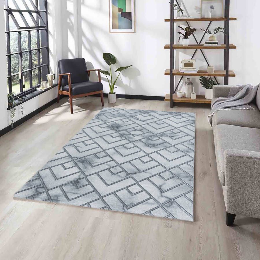 Flycarpets Mirage Marmer Vloerkleed Grijs Zilver Laagpolig 200x290 cm