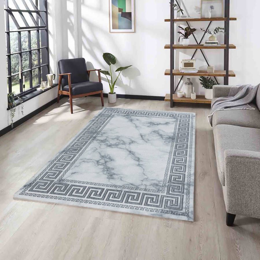 Flycarpets Mirage Marmer Vloerkleed Grijs Zilver Laagpolig 200x290 cm