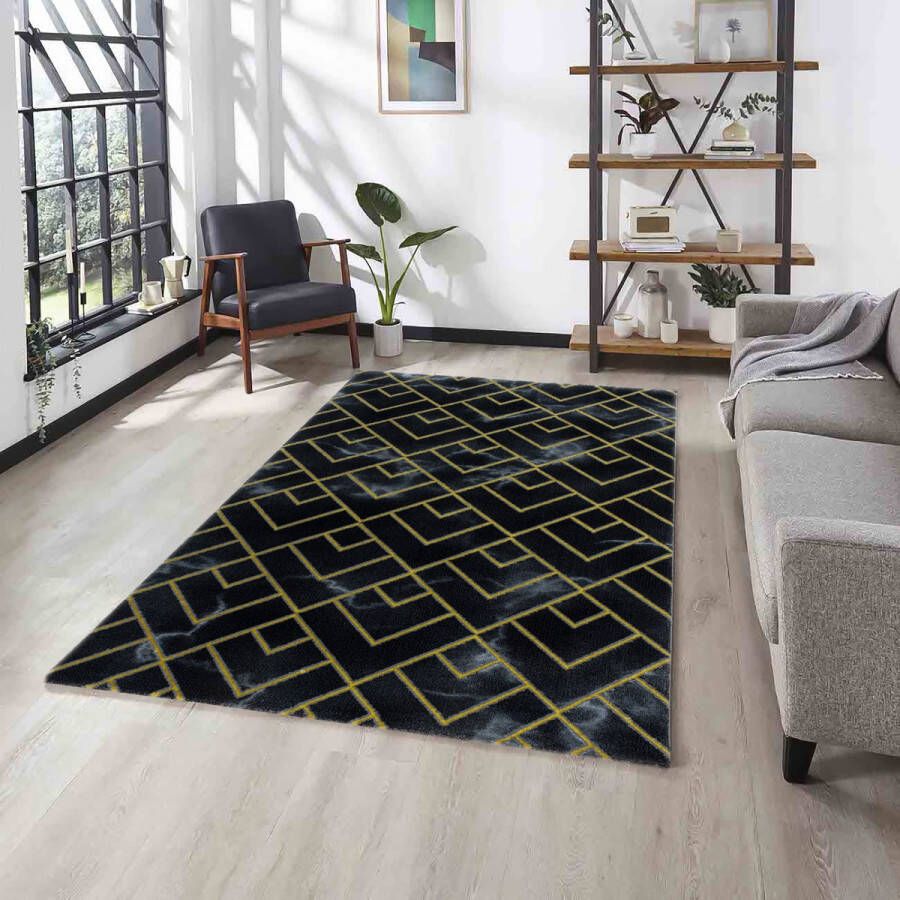 Flycarpets Mirage Marmer Vloerkleed Zwart Goud Laagpolig 120x170 cm