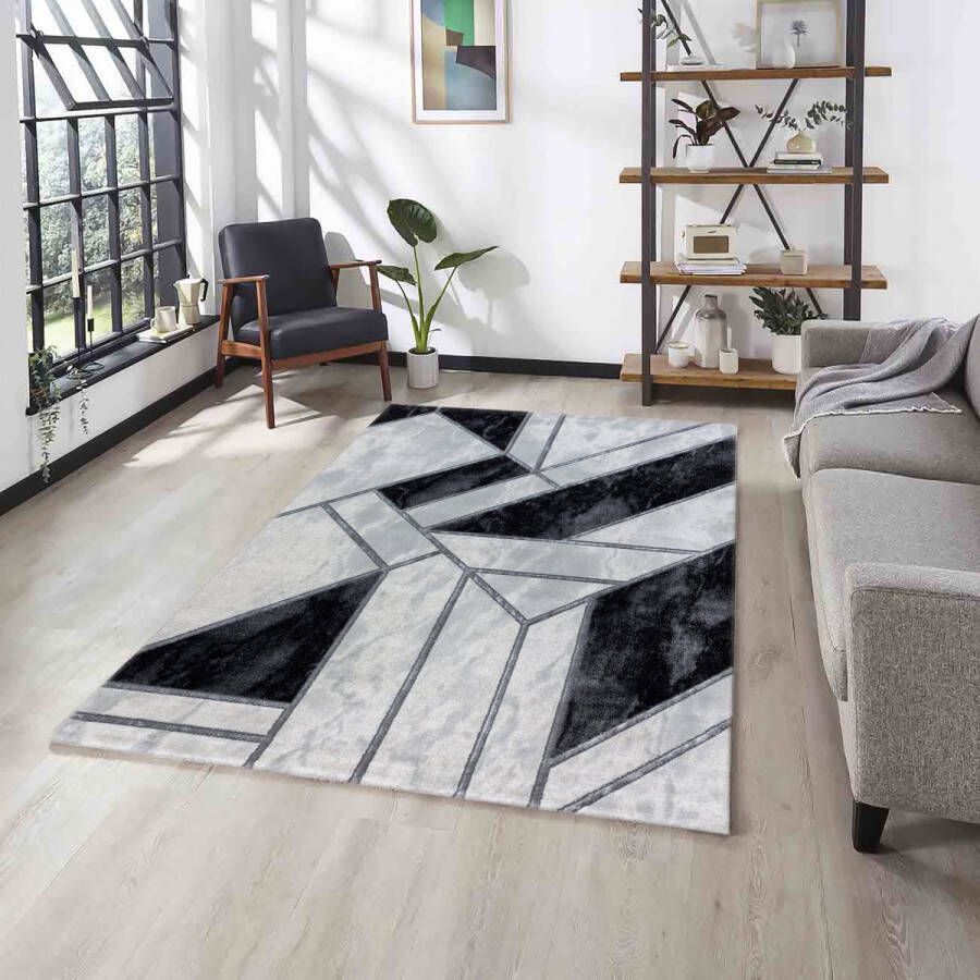 Flycarpets Mirage Marmer Vloerkleed Grijs Zwart Laagpolig 160x230 cm