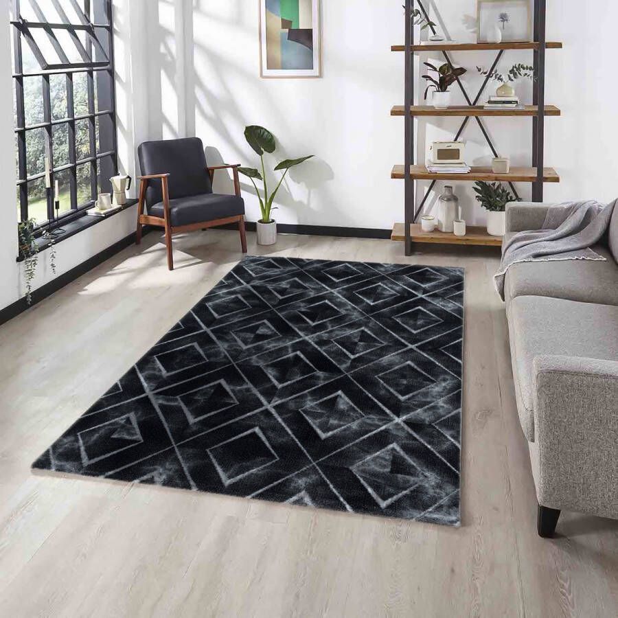 Flycarpets Mirage Marmer Vloerkleed Zwart Grijs Laagpolig 160x230 cm
