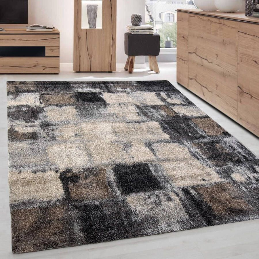 Flycarpets Nida Modern Vloerkleed Grijs Bruin Beige Geblokt 120x170 cm