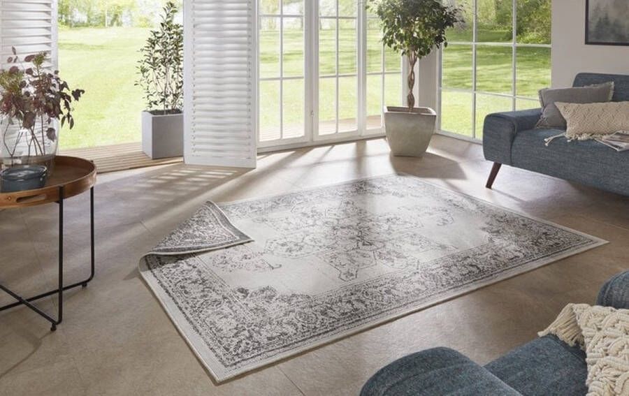Flycarpets Omkeerbaar Rond Buitenkleed Vloerkleed Borbon Grijs Creme Laagpolig Tuintapijt Buitentapijt Tuinkleed 200 cm - Foto 2