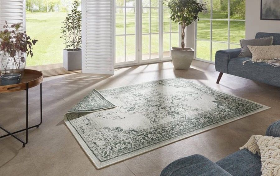 Flycarpets Omkeerbaar Rond Buitenkleed Vloerkleed Borbon Groen Creme Laagpolig Tuintapijt Buitentapijt Tuinkleed 200 cm - Foto 2