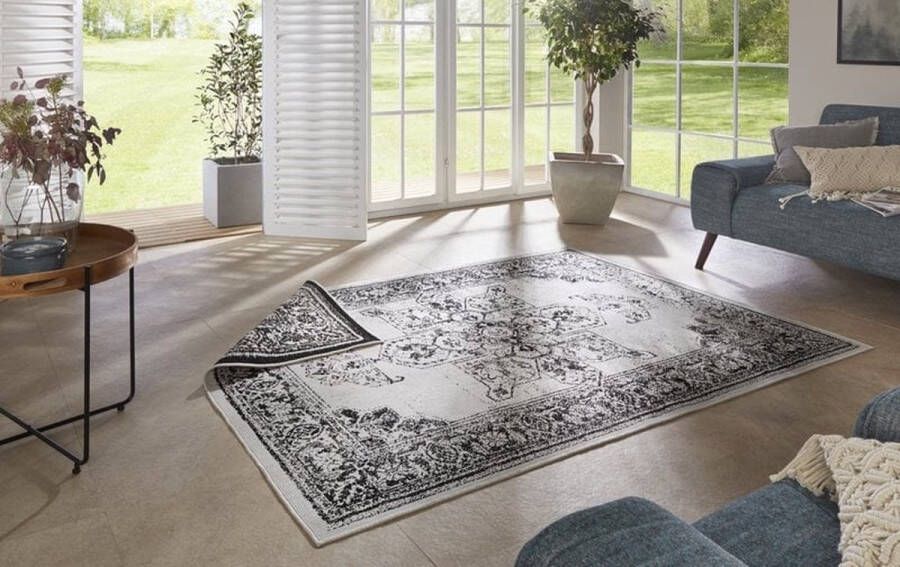 Flycarpets Omkeerbaar Rond Buitenkleed Vloerkleed Borbon Zwart Creme Laagpolig Tuintapijt Buitentapijt Tuinkleed 200 cm - Foto 2
