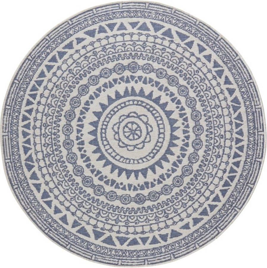 Flycarpets Omkeerbaar Rond Buitenkleed Vloerkleed Corsica Blauw Creme Laagpolig Tuintapijt Buitentapijt Tuinkleed 140 cm - Foto 2