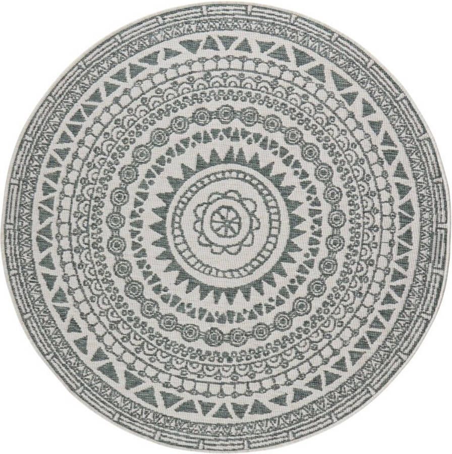 Flycarpets Omkeerbaar Rond Buitenkleed Vloerkleed Corsica Groen Creme Laagpolig Tuintapijt Buitentapijt Tuinkleed 140 cm - Foto 2