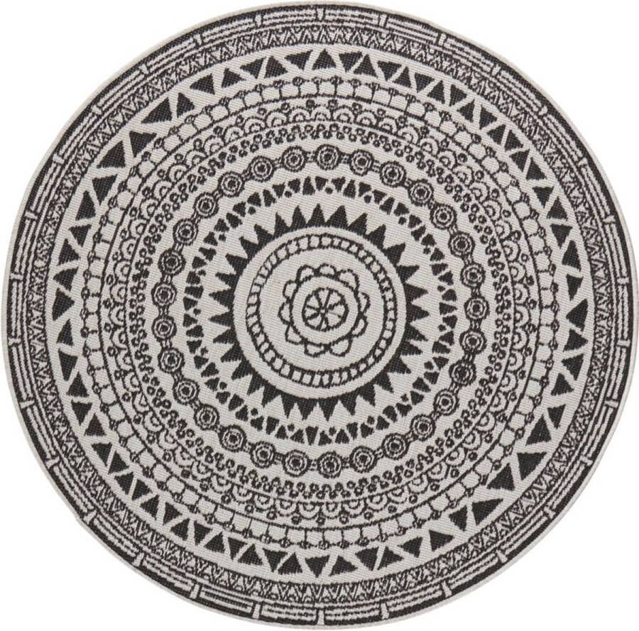 Flycarpets Omkeerbaar Rond Buitenkleed Vloerkleed Corsica Zwart Creme Laagpolig Tuintapijt Buitentapijt Tuinkleed 140 cm - Foto 2