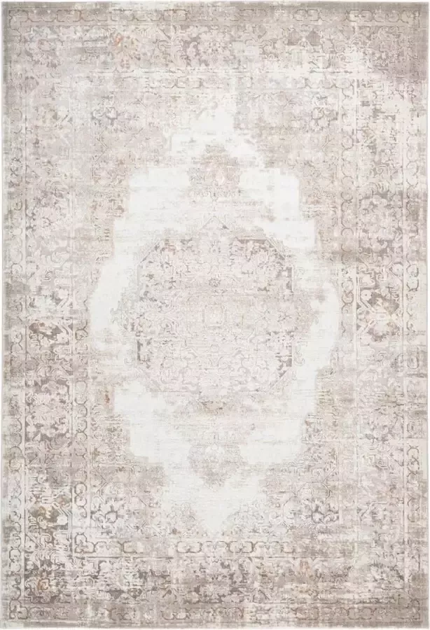 Flycarpets Paris Vintage Vloerkleed Taupe Medaillon Motief Laagpolig Tapijt 80x150 cm