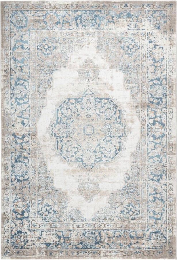 Flycarpets Paris Vintage Vloerkleed Blauw Medaillon Motief Laagpolig Tapijt 80x150 cm