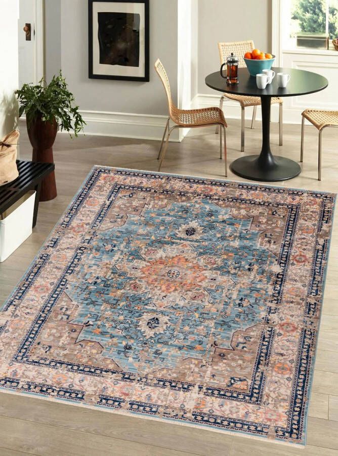 Flycarpets Petra Vintage Vloerkleed Blauw Medaillon Laagpolig Tapijt 120x170 cm