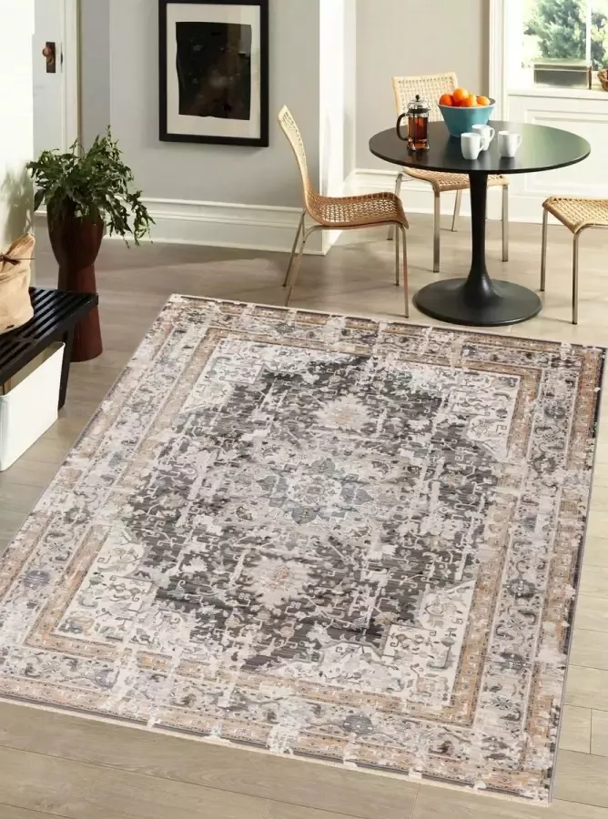 Flycarpets Petra Vintage Vloerkleed Taupe Medaillon Woonkamer Laagpolig Tapijt 120x170 cm