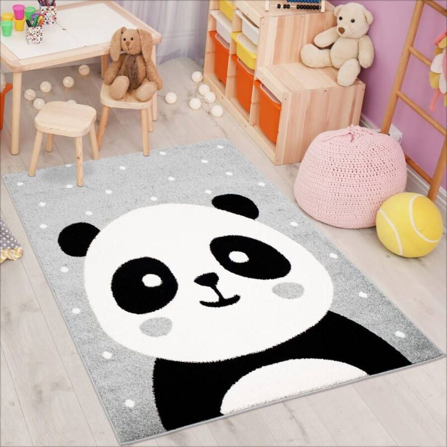 Flycarpets Playful Pals Kids Grijs Panda Vloerkleed Kinderkamer Babykamer Laagpolig Kindervloerkleed 160x225 cm