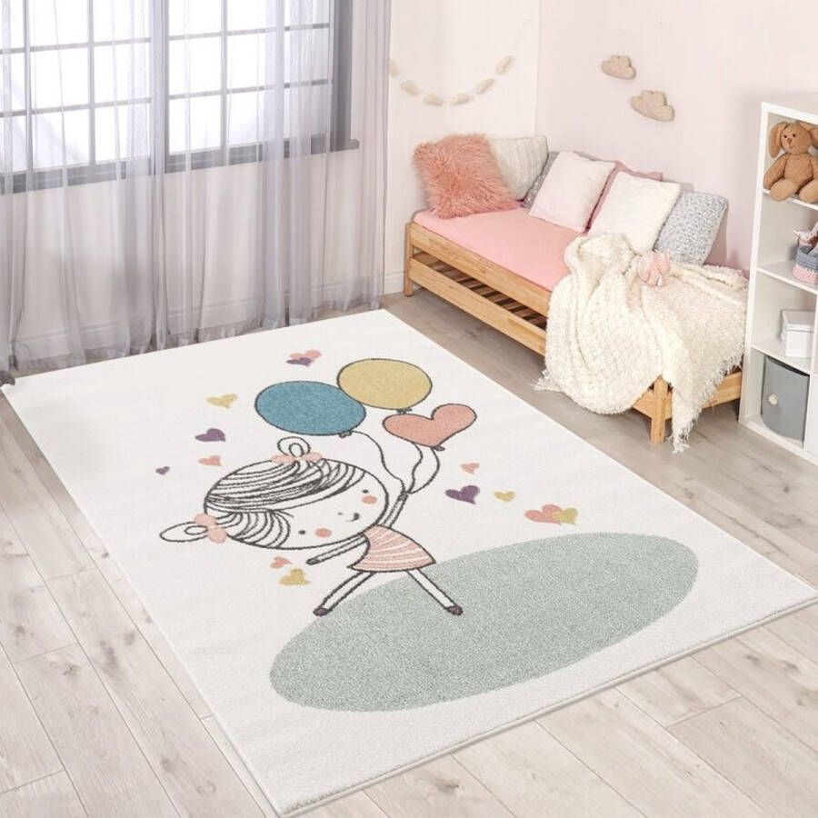 Flycarpets Playful Pals Kids Kinderkamer Balonnen Vloerkleed Creme 120x160 cm