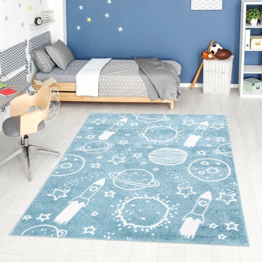 Flycarpets PLAYFUL PALS KIDS KINDERKAMER BLAUW VLOERKLEED RUIMTE Playful Pals Kids Blauw Ruimte Vloerkleed Kinderkamer Babykamer Laagpolig Kindervloerkleed 190x280 cm