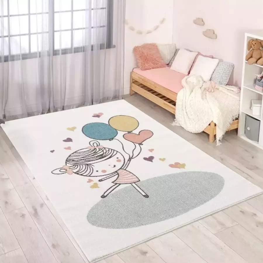 Flycarpets Playful Pals Kids Kinderkamer Balonnen Vloerkleed Creme 80x150 cm