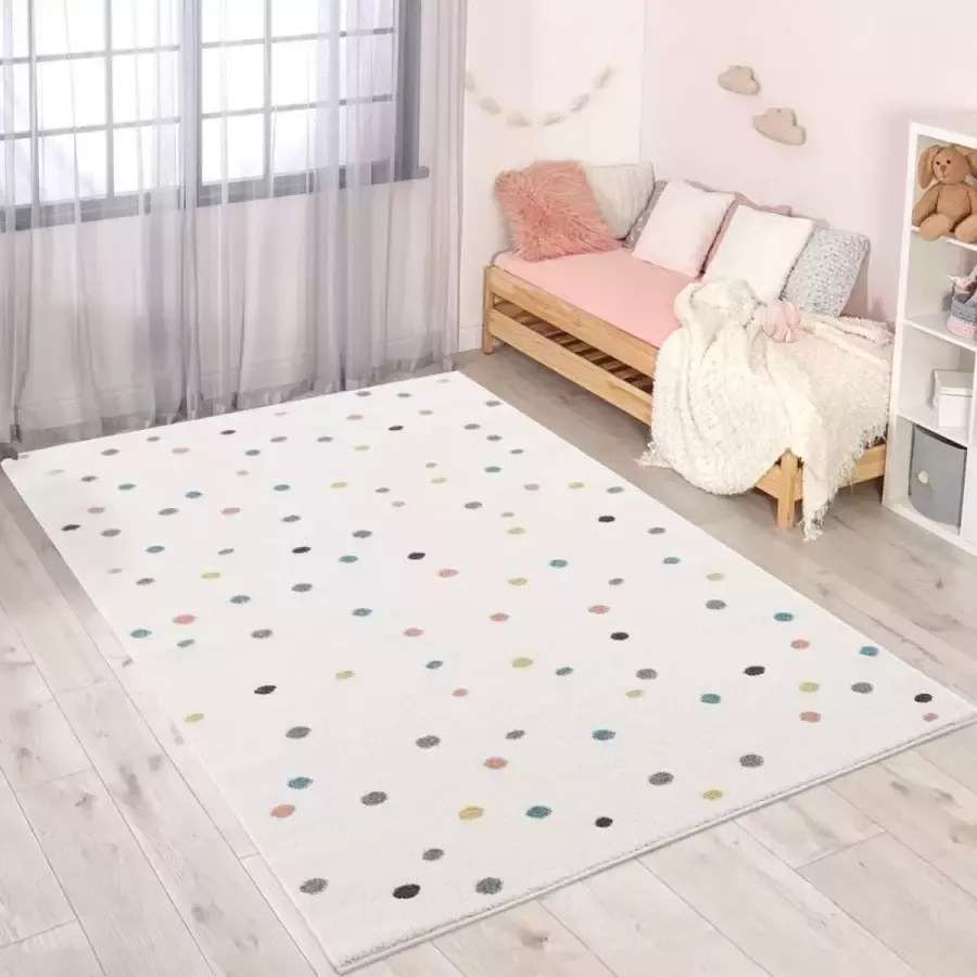 Flycarpets Playful Pals Kids Stipjes Creme Kleurrijk Vloerkleed Kinderkamer Babykamer Laagpolig Kindervloerkleed 160x230 cm