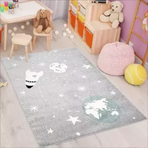 Flycarpets PLAYFUL PALS KIDS KINDERKAMER GRIJS VLOERKLEED RUIMTESCHIP