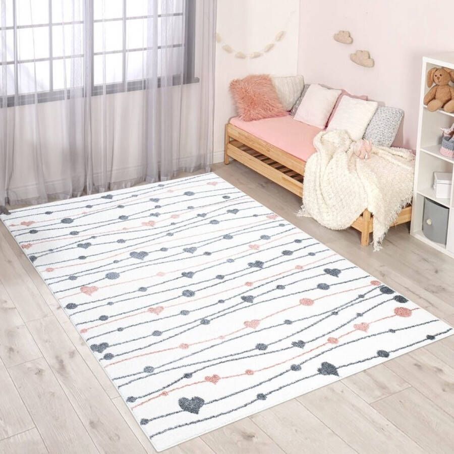 Flycarpets Playful Pals Kids Kinderkamer Hartjes Vloerkleed Creme 120x160 cm