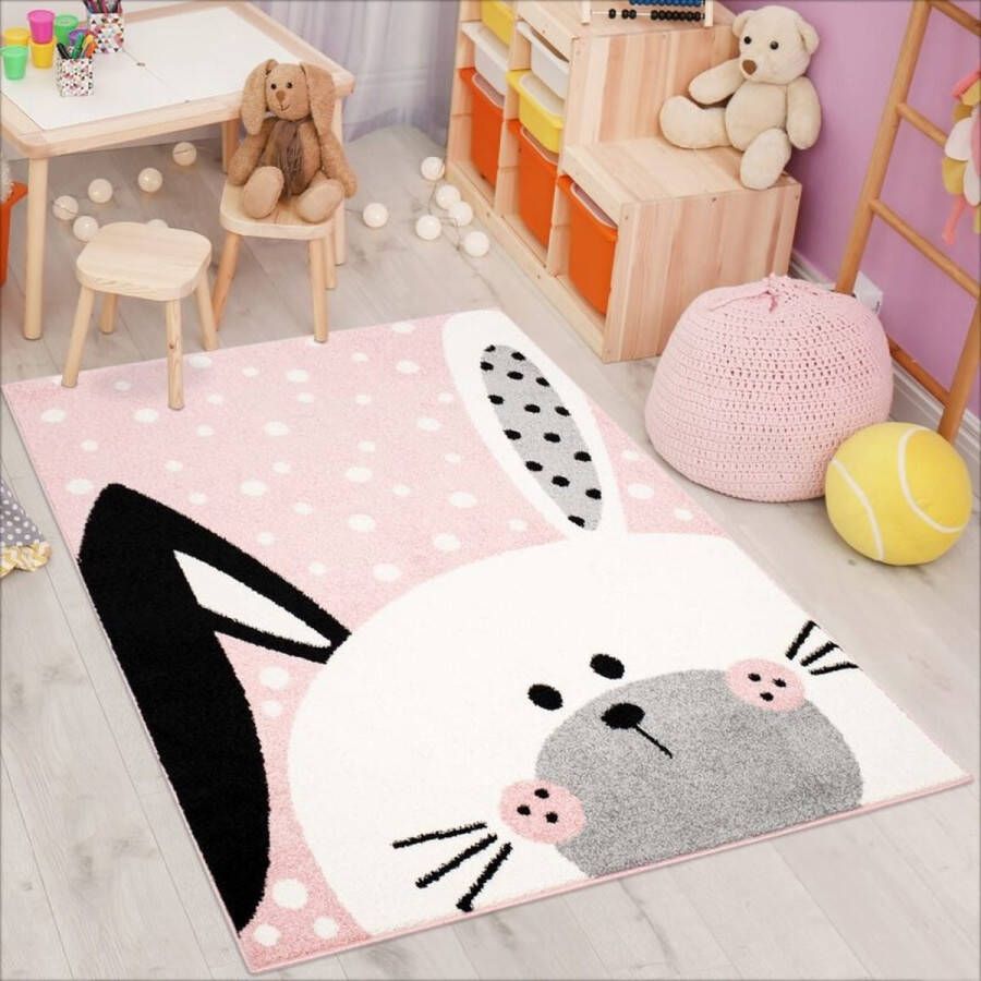 flycarpets Playful Pals Kids Kinderkamer Konijn Vloerkleed Roze 80x150 cm