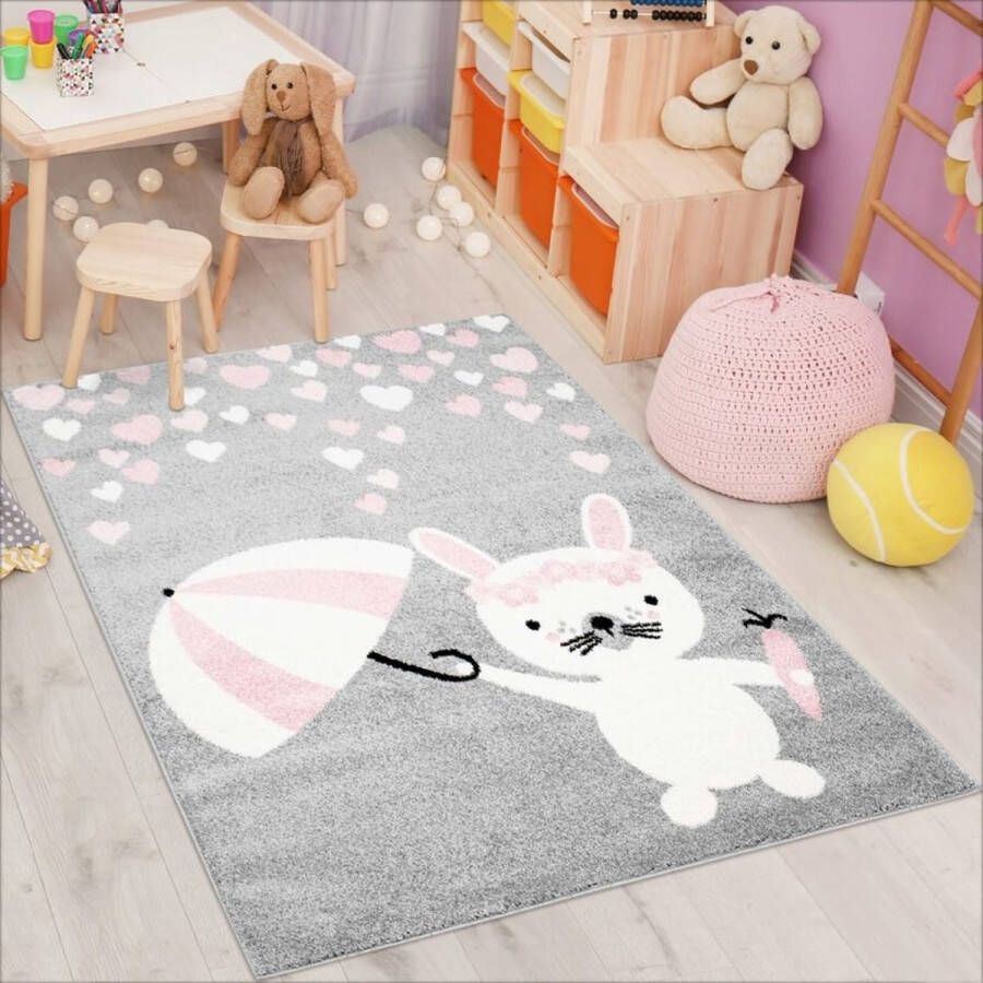 Flycarpets Playful Pals Kids Kinderkamer Konijn Vloerkleed Roze 80x150 cm