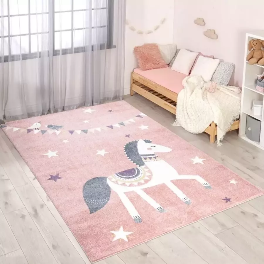 Flycarpets Playful Pals Kids Roze Paard Vloerkleed Kinderkamer Babykamer Laagpolig Kindervloerkleed 120x160 cm