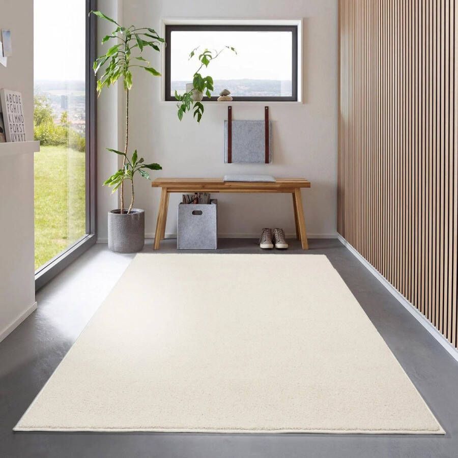 flycarpets Ravenna Effen Vloerkleed Creme Tapijt voor Woonkamer Laagpolig 120x170 cm