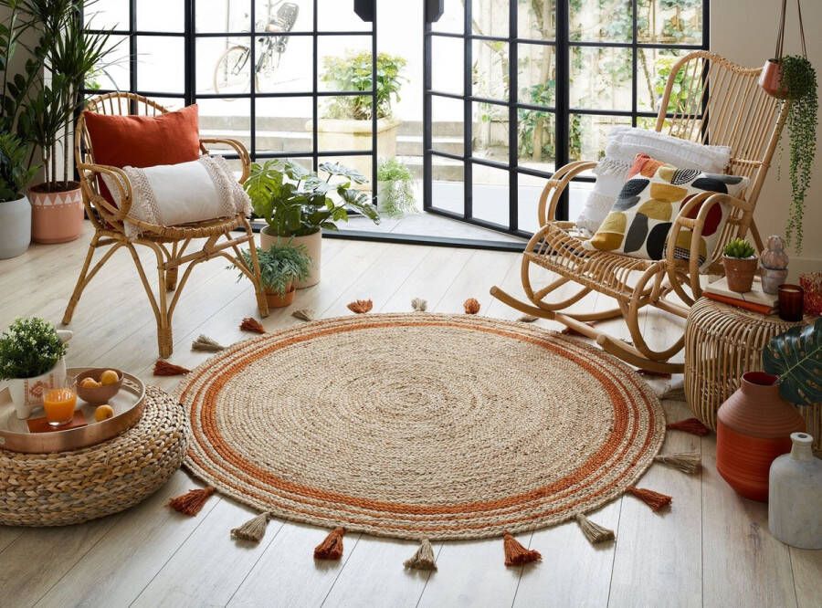 Flycarpets Rond Jute Vloerkleed Istanbul Terracotta Naturel 150x150 cm