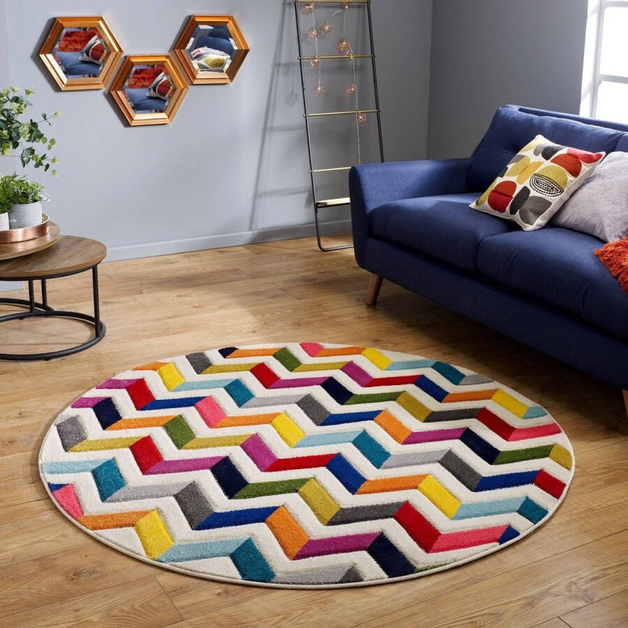 Flycarpets Rond Kleurrijk Vloerkleed Bolero Laagpolig Zigzag Design Multi 160x160 cm